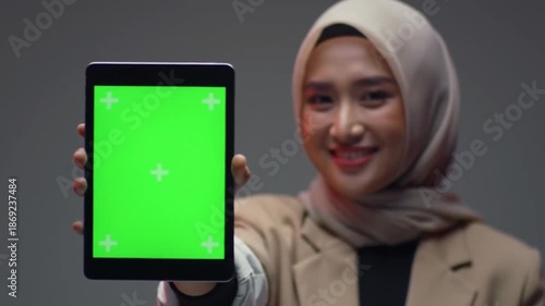 A smiling woman wearing a hijab holds up a tablet with a green screen.