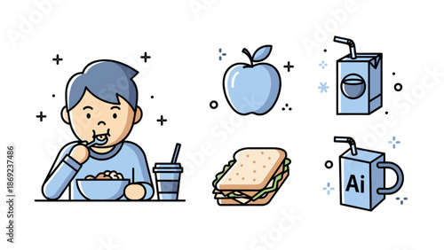 Cartoon Boy Eating Cereal with Healthy Food and Drinks Illustration.