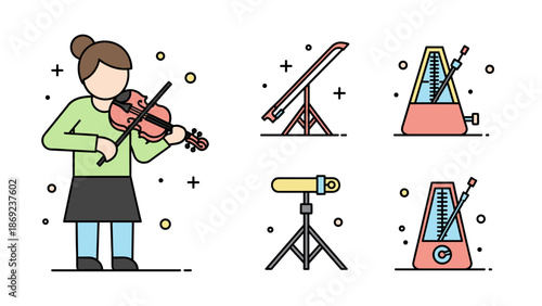 Young Woman Playing Violin with Musical Instruments Illustration.