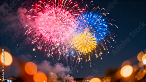 Colorful fireworks explode in the night sky, illuminating the darkness with vibrant red, blue, and yellow bursts.