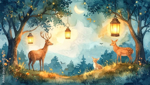 Watercolor fantasy illustration of animals under lantern light in countryside