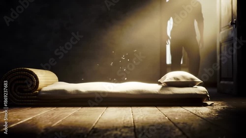 A person enters a dimly lit room with a rolled-up mat and a pillow on the floor.