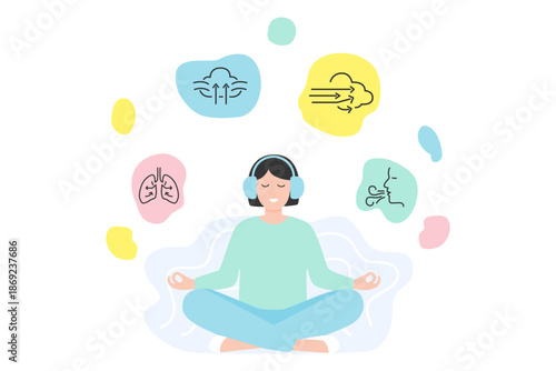 Woman Meditating in Lotus Pose with Headphones and Breathing Health Icons for Wellness
