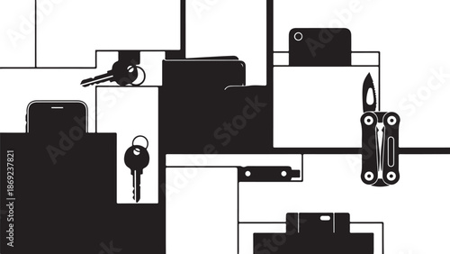 Black and white illustration of locked boxes and keys