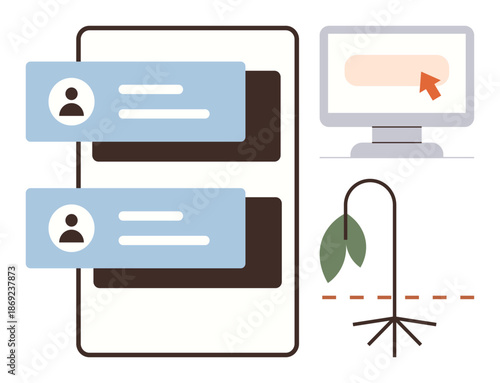 Digital interaction, communication tools, burnout, environmental degradation, user experience, online work fatigue. Chat interface, drooping plant computer screen. Digital interaction and burnout