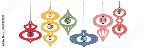 Set of colorful flat contour hanging paper Christmas toys. Retro style holiday decoration collection for festive greeting cards, DIY craft projects, or seasonal graphic design materials