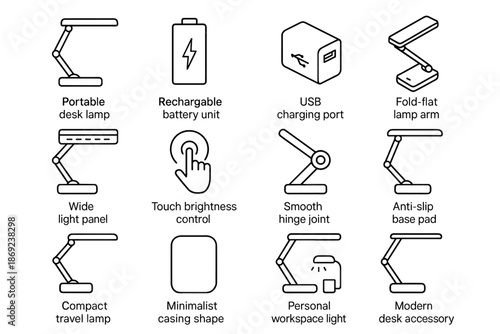 Workspace desk icon usb compact brightness accessory vector charging lamp arm rechargeable