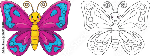 Butterfly cartoon coloring book page for kids, cute insect vector with colorful reference and outline sketch for educational activity book