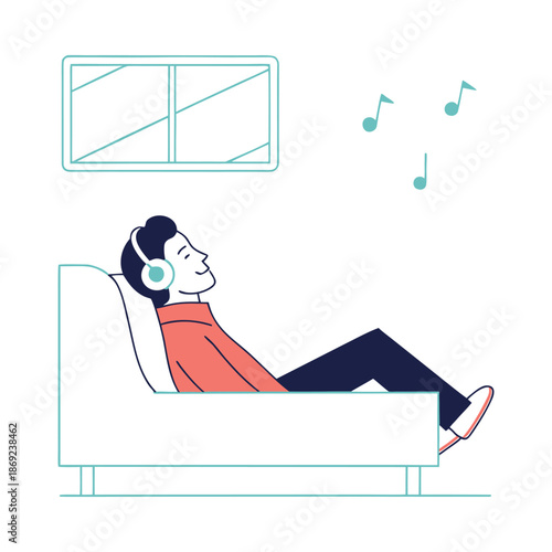 Man relaxing on sofa listening to audio through headphones, enjoying leisure at home