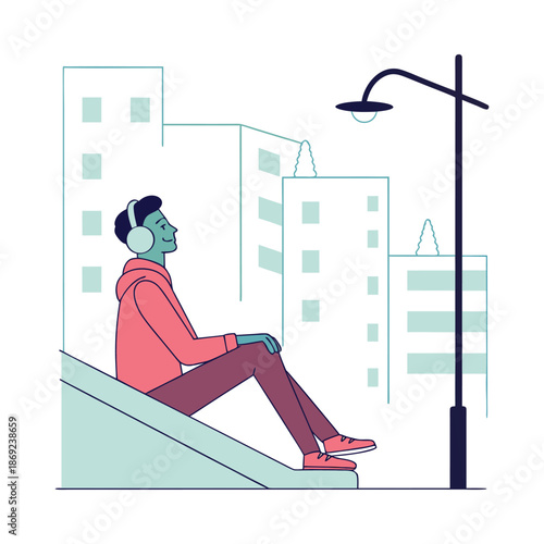Man with headphones sitting on city stairs, enjoying urban landscape and cityscape at evening