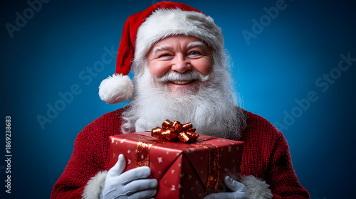 Santa holds a gift and smiles at the camera during the holiday season in a studio setting with blue background