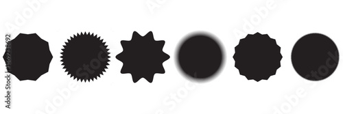 Black Abstract Badge Shape Icons Set. Collection of black abstract badge and starburst shapes used for labels, stickers, pricing tags, and graphic design elements.
