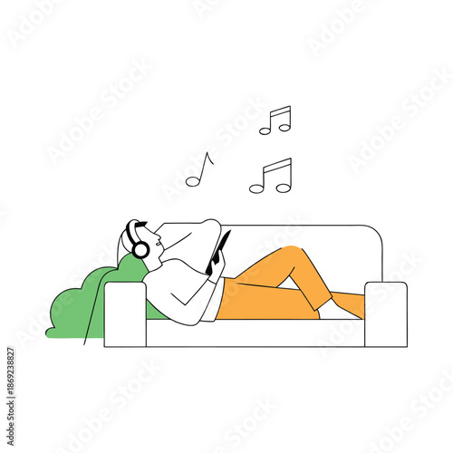 Person on couch using tablet with headphones, enjoying digital media at home