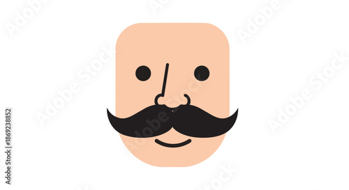 Minimalist vector graphic of a friendly bald man's face with a stylish black handlebar mustache, featuring dot eyes, line nose, and subtle smile for