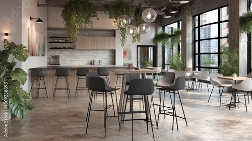 Modern and Bright Cafe Interior with Stylish Furnishings and Greenery in Urban Setting