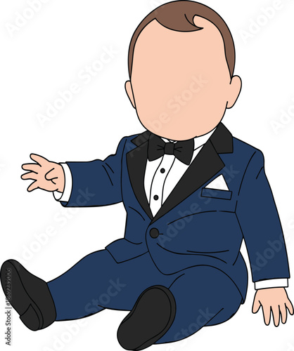 Cute baby boy in formal navy blue tuxedo vector illustration, sitting infant wearing suit with bowtie for wedding or gala
