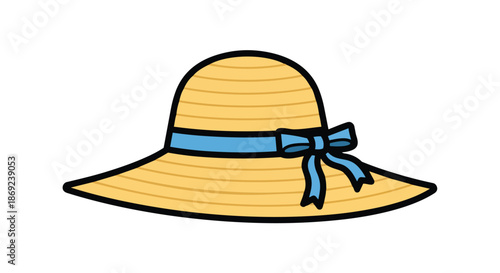 Charming summer straw hat illustration with a vibrant blue ribbon and bow, perfect for warm weather fashion and delightful outdoor leisure activities