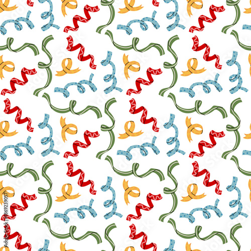 Seamless pattern flat colorful holiday ribbons, confetti, streamers with decor. Bright holiday background for wrapping paper for parties, prints on textiles for birthday or graphic design of seasonal
