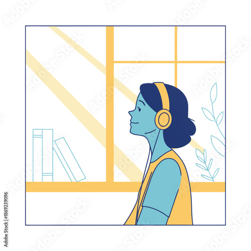 Woman listening to podcast or audiobook at home while enjoying sunny day