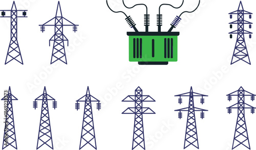 Electric power transmission towers and substation equipment flat vector illustration, energy infrastructure collection for electricity grid engineering design