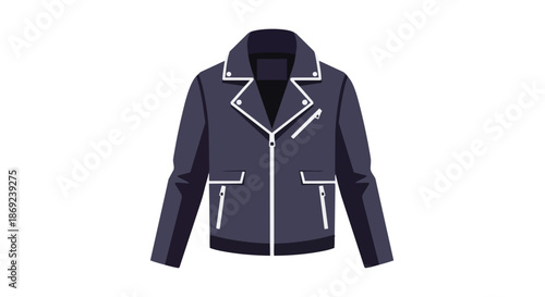 A stylish dark grey biker jacket illustration, showcasing distinct white zipper lines on its asymmetrical front and lapels, representing modern style.