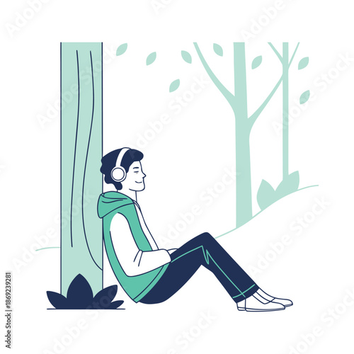 Young man relaxing in forest while enjoying peaceful soundscapes