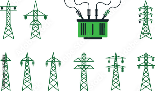 Electric power transmission towers and substation equipment flat vector illustration, energy infrastructure collection for electricity grid engineering design