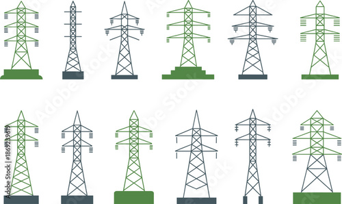 Electricity transmission tower icons set, power line pylons collection, energy infrastructure illustration, electric grid symbols, utility network design
