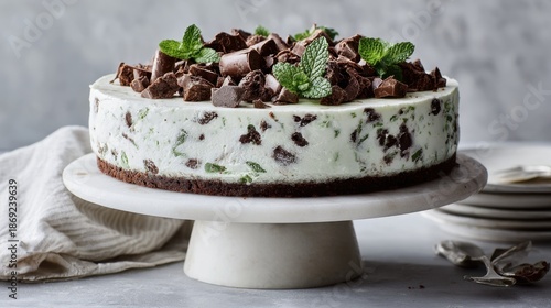 Delicious mint chocolate ice cream cake with chocolate shavings and fresh mint garnish