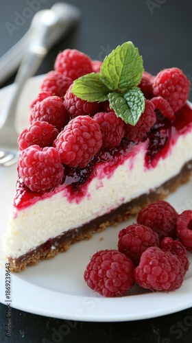 Delicious raspberry cheesecake slice with fresh berries and mint garnish