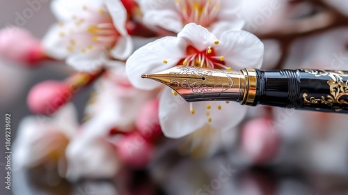 Elegant fountain pen with ornate gold nib and cherry blossoms in background. National Haiku Writing Month