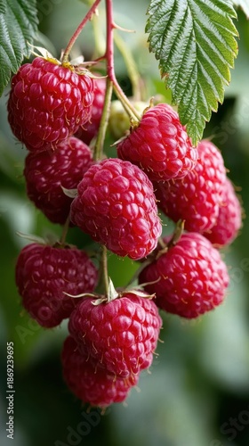 Cluster of ripe red raspberries hanging from branch with green leaves. Berry Fresh Month