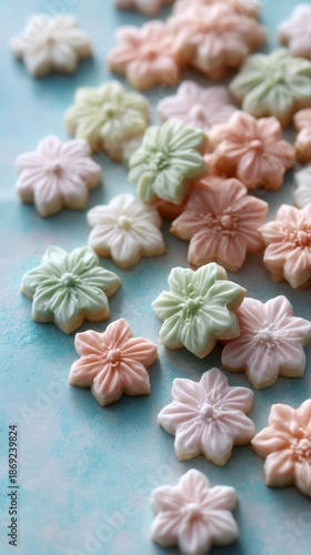 Pastel flower shaped cookies on light blue background