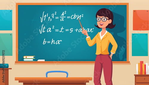 Vibrant illustration of a female teacher explaining math formulas on a classroom board with expressive gestures and simple background.
