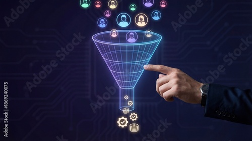 Businessman guiding lead generation through sales funnel with glowing icons