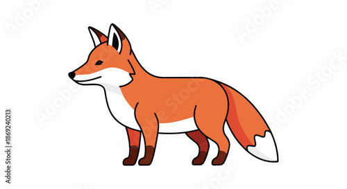 Animated depiction of a vibrant orange fox with white markings, standing on a clean background