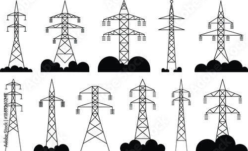 Electricity transmission tower icons set, power line pylons collection, energy infrastructure illustration, electric grid symbols, utility network design
