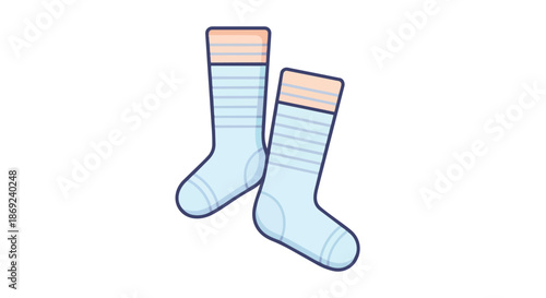 A charming flat illustration of two cozy light blue socks with smooth outlines subtle stripes and gentle peach cuffs representing everyday comfort