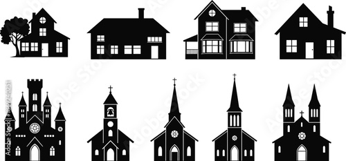 Set, of, black, house, and, church, silhouettes, featuring, residential, homes, suburban, cottages, cathedrals, chapels, and, religious, buildings, isolated, white, background