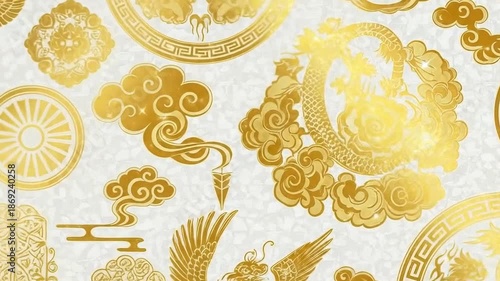 Luxurious gold ornamental pattern featuring celestial motifs and swirling designs for decorative use.