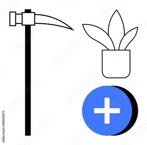 Growth ed by potted plant, healthcare by blue cross icon, and tools by miners pickaxe. growth, healthcare, tools, agriculture, productivity, lifestyle