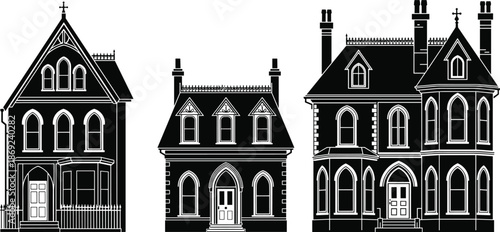 Set, of, Victorian, Gothic, house, silhouettes, featuring, ornate, architecture, haunted, mansions, spooky, historic, buildings, isolated, white, background, vector, halloween, home