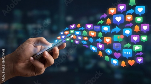 Hand holding smartphone with colorful social media icons and notifications floating out