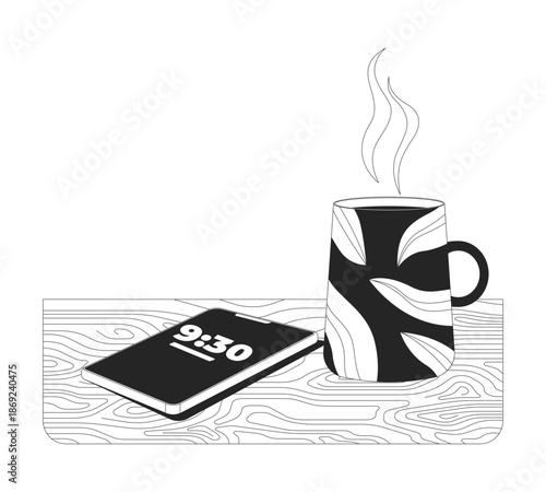 Coffee break with phone aside 2D line object. Morning routine. Steaming coffeecup next to smartphone showing time on table isolated clipart vector ink outline item. Monochrome spot illustration