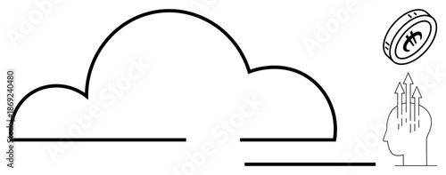 Cloud technology. Cloud computing alongside cryptocurrency growth innovation in digital economies. Cloud technology links to investments and mental processes. Perfect for fintech, IT, blockchain