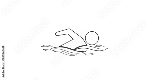A simple line art graphic illustrating a stick figure performing the front crawl swimming stroke through water, representing aquatic activities,