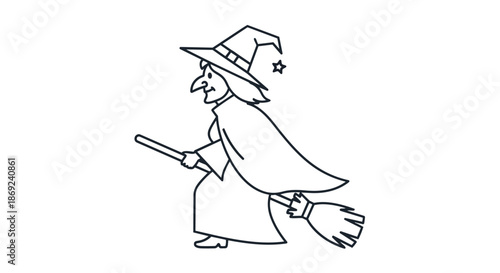 A delightful simple monochrome drawing of a happy sorceress riding her enchanted broomstick depicting classic magical folklore themes a perfect