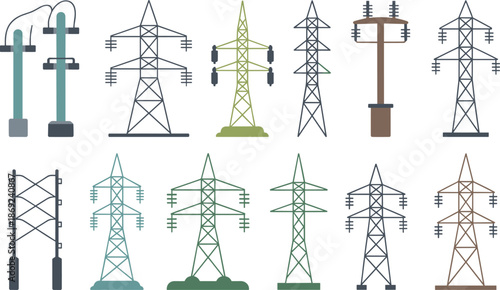 Electricity transmission tower icons set, power line pylons collection, energy infrastructure illustration, electric grid symbols, utility network design