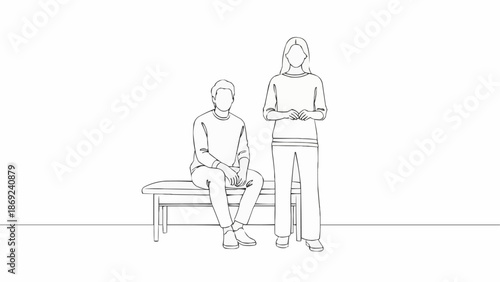 Couple standing and sitting on bench line drawing.