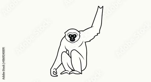 Stylized monochrome drawing of a gibbon, a graceful primate, with an arm raised in an expressive manner